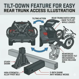 An ebike hitch rack tilting away from the vehicle to allow rear trunk access while bikes remain loaded.