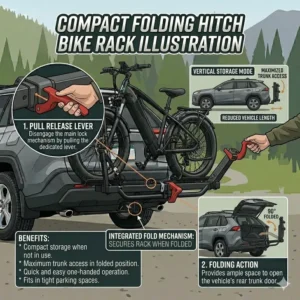A diagram showing the space-saving folding design of the hitch bike rack with ramp 200 lbs capacity when not in use.