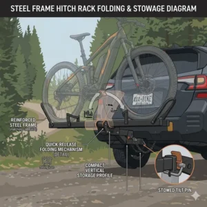 Side profile showing the space-saving folding design of the hitch bike rack with ramp steel frame.