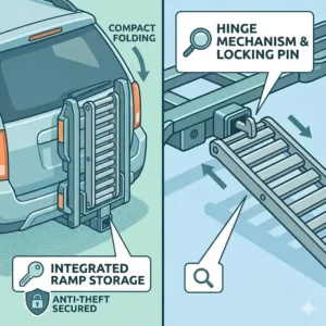 Illustration of a compact folding hitch bike rack with ramp anti theft with an integrated ramp storage slot.