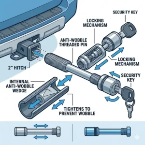 An illustration focusing on the anti-wobble hitch lock pin of the hitch bike rack with ramp locking system.