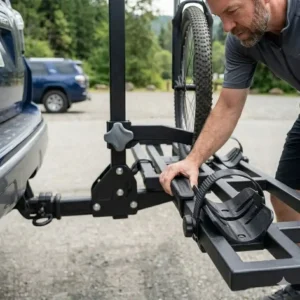 6: Adjusting the wheel trays on a hitch bike rack with ramp easy loading to fit various bike sizes.