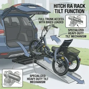 Tilt function feature for a hitch bike rack with ramp for disabled users to access the trunk.