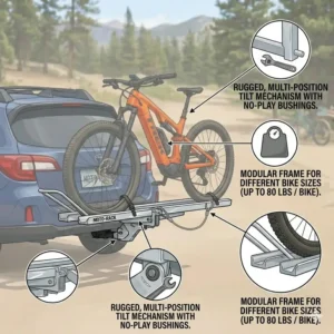 The heavy-duty 2-inch receiver shank of the aluminum hitch bike rack with ramp for maximum stability.