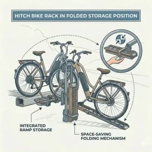 The space-saving folded storage position of a compact hitch bike rack with ramp for women.