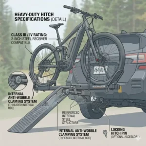 Diagram showing the 2-inch receiver compatibility for the hitch bike rack with ramp steel frame.