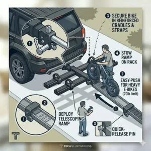 A step-by-step visual guide showing a person effortlessly rolling a heavy fat-tire e-bike up the hitch bike rack with ramp high weight limit.