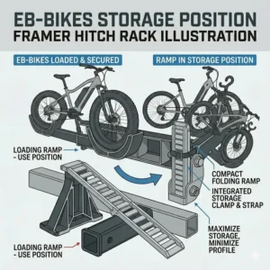 Illustration showing how the loading ramp conveniently folds or attaches to the hitch rack frame during travel.