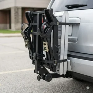 The compact design of the hitch bike rack with ramp anti wobble when folded vertically for storage.