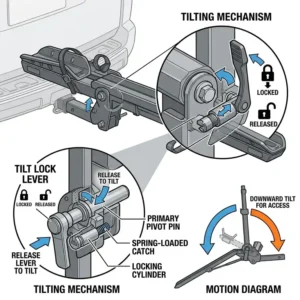A diagram demonstrating the tilt-down feature of the hitch bike rack with ramp locking system for trunk access.