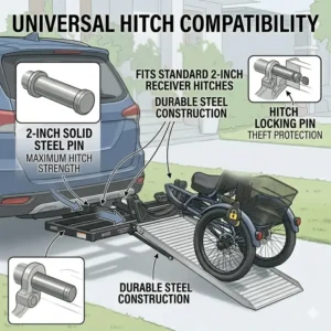 Technical illustration of a hitch bike rack with ramp for disabled showing universal hitch compatibility.