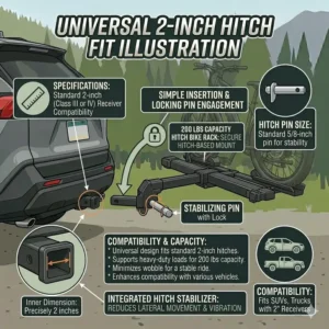 Universal 2-inch receiver compatibility illustration for the hitch bike rack with ramp 200 lbs capacity.