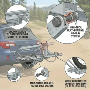 Demonstrating the tilt-away function of the aluminum hitch bike rack with ramp for rear trunk access.