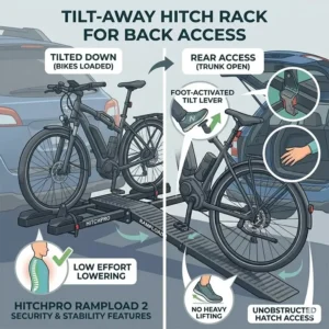 The tilt-away feature of a hitch bike rack with ramp for back injury allowing easy trunk access.