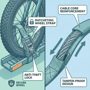 Ratcheting wheel straps and locking frame clamps on a hitch bike rack with ramp anti theft for maximum security.