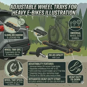 Illustration of the adjustable wheel trays and secure straps on a hitch bike rack with ramp 200 lbs capacity.