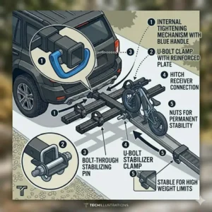 A technical illustration showing the internal anti-wobble mechanism and hitch tightener of the hitch bike rack with ramp high weight limit.