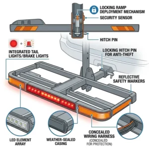 An illustration detailing the integrated rear safety lights and reflectors on the hitch bike rack with ramp locking system.