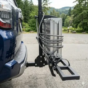 8: A hitch bike rack with ramp easy loading in its compact folded position against the rear of a vehicle.
