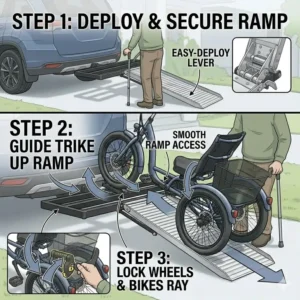 A three-step loading guide for a hitch bike rack with ramp for disabled users.