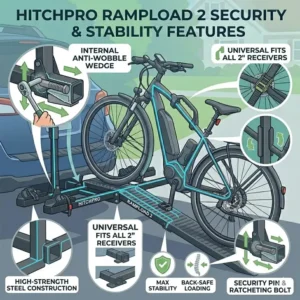 Technical specifications of the 2-inch receiver on a hitch bike rack with ramp for back injury support.