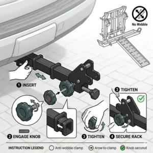 Step-by-step installation diagram showing how to secure the hitch bike rack with ramp anti wobble to a receiver.