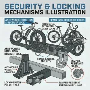 Detail of integrated cable locks and an anti-wobble hitch pin securing an ebike rack to a 2-inch receiver.