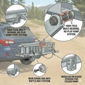 Secure on-board storage for the detachable part of the aluminum hitch bike rack with ramp during travel.