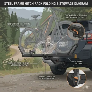 Illustration of the security straps and locking pins used on the hitch bike rack with ramp steel frame.