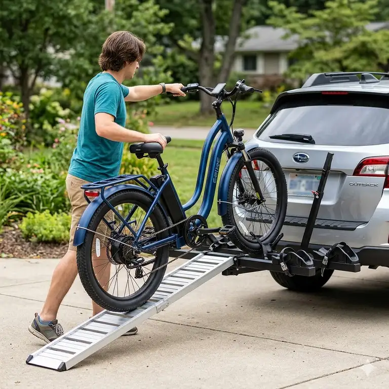A heavy-duty hitch bike rack with an integrated loading ramp featuring a step-thru electric bike securely mounted on an SUV.hitch bike rack with ramp for step thru bikes