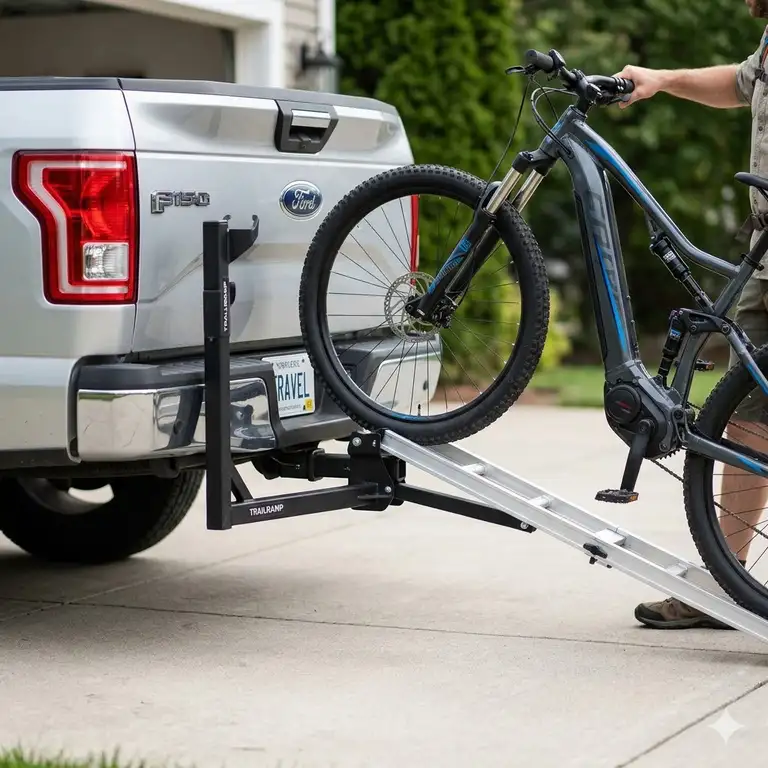 A premium truck featuring a completed hitch bike rack with ramp installation for heavy electric bicycles.