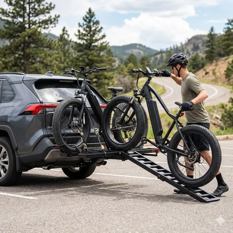 Featured Image: A professional hero shot of a heavy-duty ebike hitch rack with ramp for fat tire mounted on a vehicle.