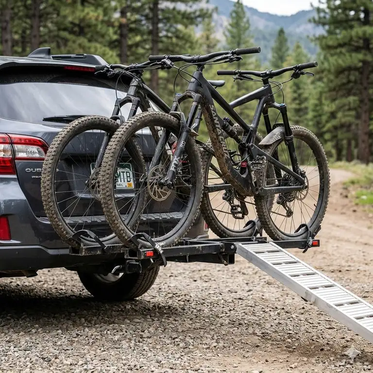 Featured Image: A premium heavy-duty hitch bike rack with ramp for mountain bikes mounted on an SUV in a forest setting.