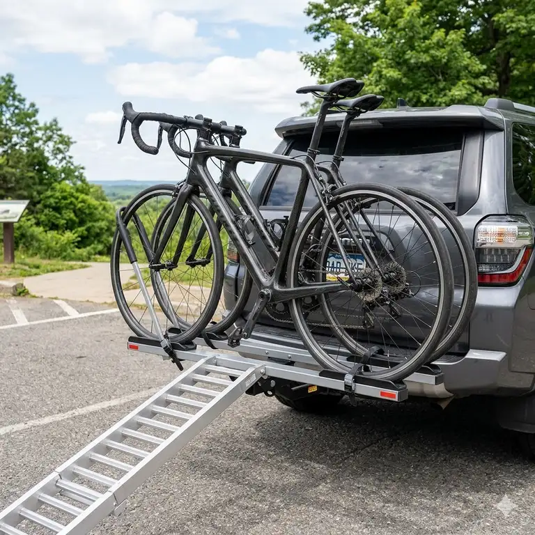 A professional featured image of a heavy-duty hitch bike rack with ramp for road bikes mounted on an SUV.