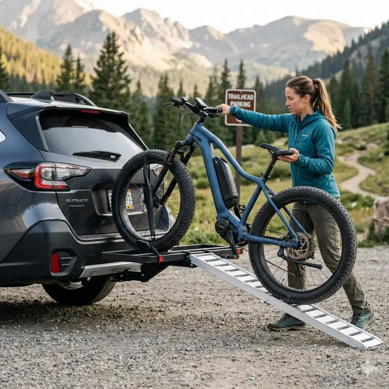 A professional setup of a heavy-duty hitch bike rack with ramp instructions shown on an SUV.