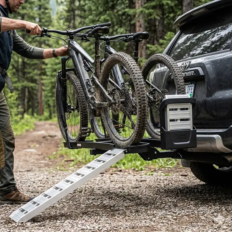 A premium hitch bike rack with ramp storage mounted on an SUV showing a bike being loaded easily.