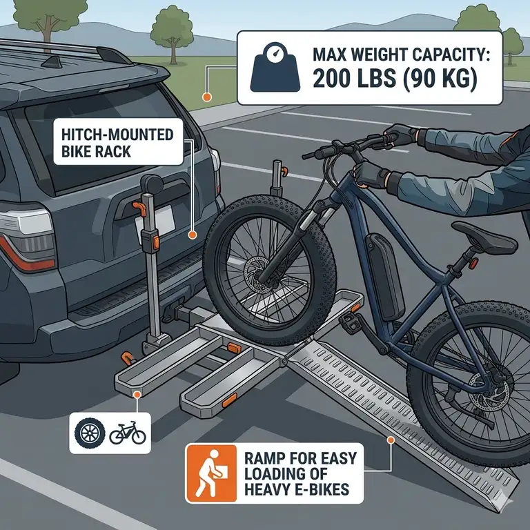 A professional photo showing a heavy-duty hitch bike rack with ramp weight capacity being used to load a premium electric mountain bike onto an SUV.