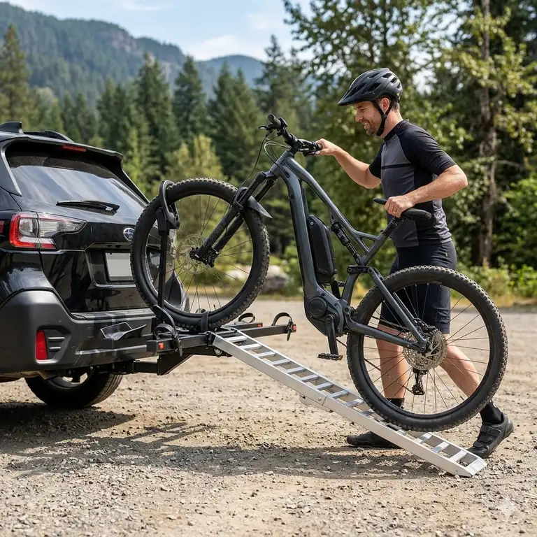 A premium heavy-duty hitch bike rack with removable ramp installed on an SUV.