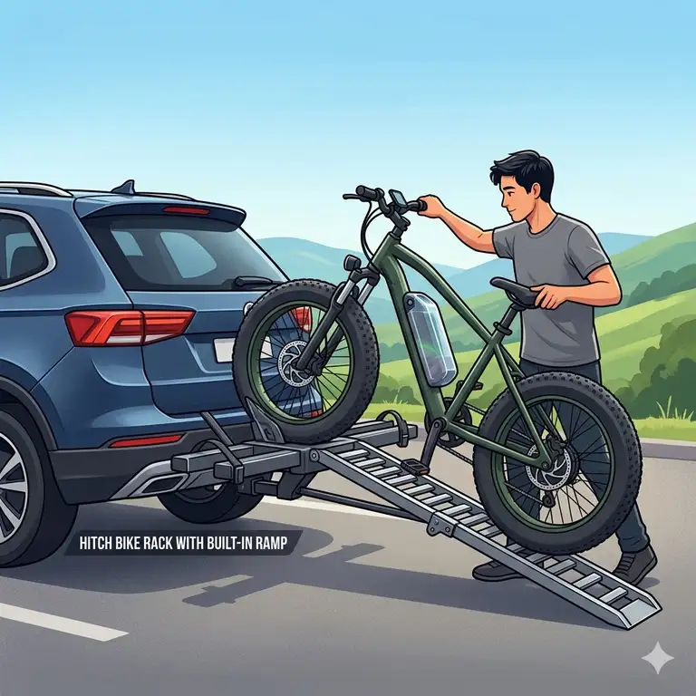 A heavy electric bike being loaded onto a hitch bike rack with built in ramp attached to a blue SUV.