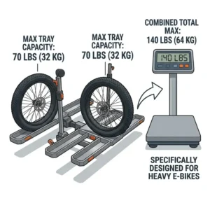 A technical diagram illustrating the maximum hitch bike rack with ramp weight capacity per tray for heavy e-bikes.
