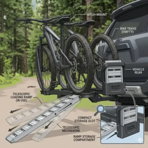 Diagram showing the telescopic ramp extension of a hitch bike rack with ramp storage for heavy e-bikes.