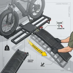 Illustration 1: Step-by-step tutorial showing how to use the loading ramp on an ebike hitch rack with ramp for fat tire.