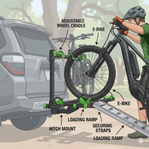 Illustration 1: An easy-to-use hitch bike rack with ramp adjustable being used to roll a heavy mountain bike onto the loading tray.