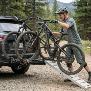 Illustration 1: A person easily loading a heavy e-bike onto a hitch bike rack with ramp for mountain bikes using the detachable ramp.