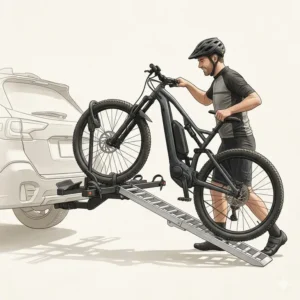 A person easily loading an electric bicycle using the hitch bike rack with removable ramp.