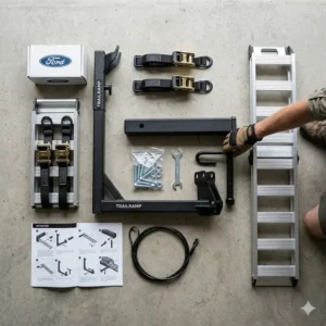 Detailed overview of all hardware and components included for a hitch bike rack with ramp installation.