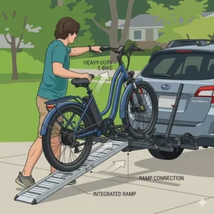 A person easily rolling a heavy step-thru bicycle up a detachable metal ramp onto a hitch-mounted bike carrier.