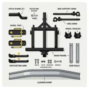 An organized diagram of all components included in the hitch bike rack with ramp instructions.