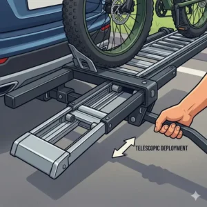 Close-up view of the telescopic loading mechanism on a hitch bike rack with built in ramp.