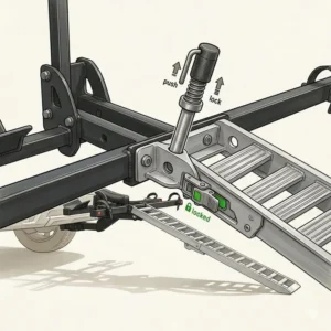 Detailed view of the secure locking system on the hitch bike rack with removable ramp.